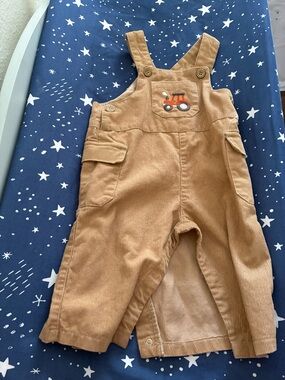Toddler Corduroy Overalls in Tan with Tractor Embroidery